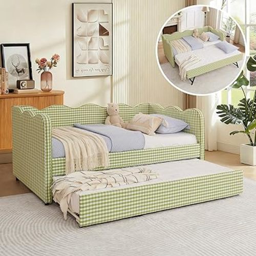 Twin Size Gingham Daybed with Trundle, Upholstered Linen Day Bed Frame with USB Ports & Wave-Shaped Backrest, Modern Sofa Bed for Living Room, Bedroom, Guest Room, No Box Spring Needed(Green)