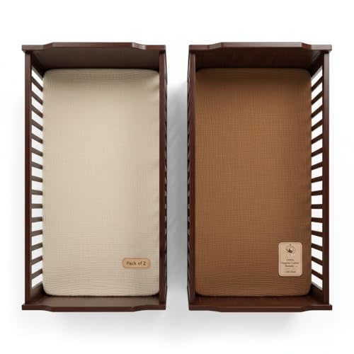 Crib Sheets Neutral Muslin Fabric 52x28x9 Inches 2 Pack Brown & Beige Baby Crib Sheets Fits Rectangular & Oval Crib Mattress, Won’t Slip Off, Long Lasting Baby Crib Bedding for Boys & Girls