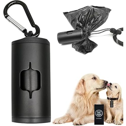 YUCHIYA Aluminum Dog Poop Bags Holder with Carabiner Metal Pet Waste Bags Dispenser with Hook and Loop Fastener and Elastic Cord to Carry Used Bags (Black, 1 Holder 15 Bags)
