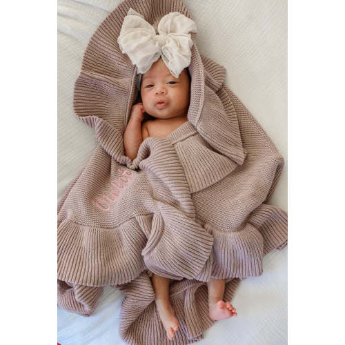 Embroidered Knit Blanket With Ruffle in Iris | Caden Lane