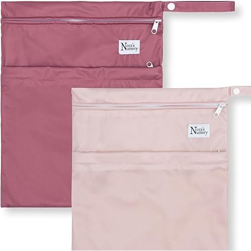 Nora's Nursery Wet Dry Bags with Two Zippered Pockets - Reusable and Washable for Swimming, Travel, Beach, Pool, Daycare, Cloth Diapers, Toiletries, and Wet Swimsuits - 11x15, Rose - 2-Pack