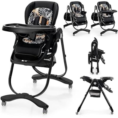 HONEY JOY Baby High Chair, Foldable High Chairs for Babies and Toddlers, Adjustable Heights, Recline Backrest & Footrest, Double-Layer Tray & Cushion, Portable Infant Highchair with Wheels (Black)