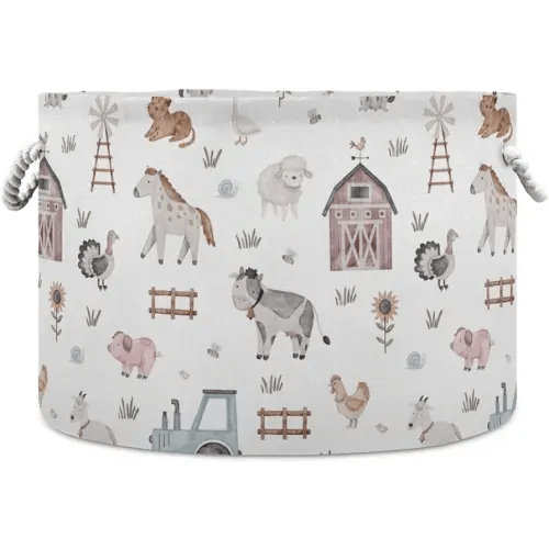 Burbuja Farm Animals Round Storage Basket with Cotton Rope Handles, Laundry Basket for Blankets, Toys, Nursery, Living Room Decoration
