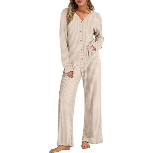 ANRABESS Women's 2 Piece Lounge Pajama Sets Ribbed Long Sleeve Button Top Matching Pants Sleepwear PJ Set 2026 Fall Outfits