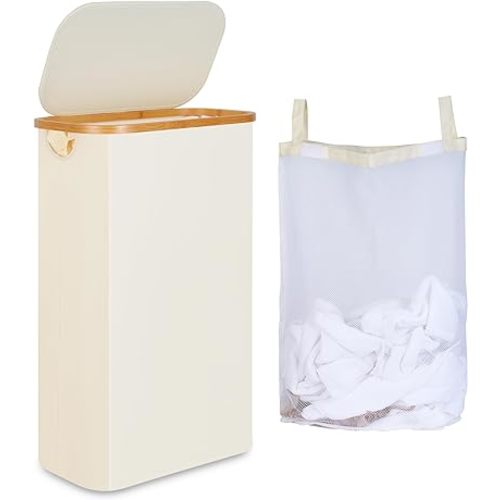 Slim Laundry Hamper, Narrow Laundry Basket with Lid,Foldable Clothes Hamper with Bamboo Handles,Hamper Basket with Removable Inner Bag for Laundry Room Bedroom College Dorm,60L Beige