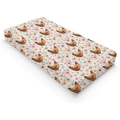 Vintage Hens Chicken Boho Floral Changing Pad Cover Farm Animals Change Table Pad Cover for Baby Boys Girls Soft Breathable Stretchy Snug Fitted Baby Diaper Changing Mat Sheets Cover 32''x16''