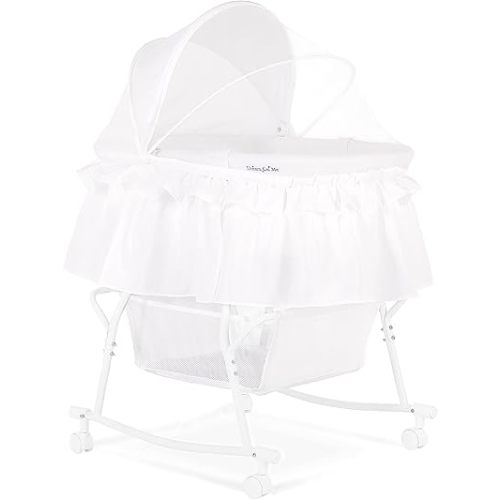 Dream On Me Lacy Portable 2-in-1 Bassinet & Cradle in White, Lightweight Baby Bassinet with Storage Basket, Adjustable and Removable Canopy