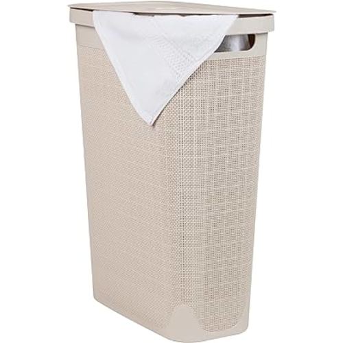 Mind Reader Slim Laundry Hamper with Lid, 40L Clothes Basket, Linen Design, Plastic, Ivory