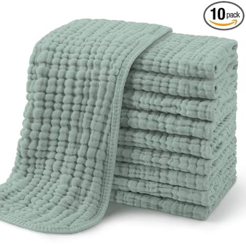 Yoofoss Muslin Burp Cloths for Baby 10 Pack 100% Organic Cotton Baby Washcloths for Boys Girls Large 20''X10'' Super Soft and Absorbent Dark Green