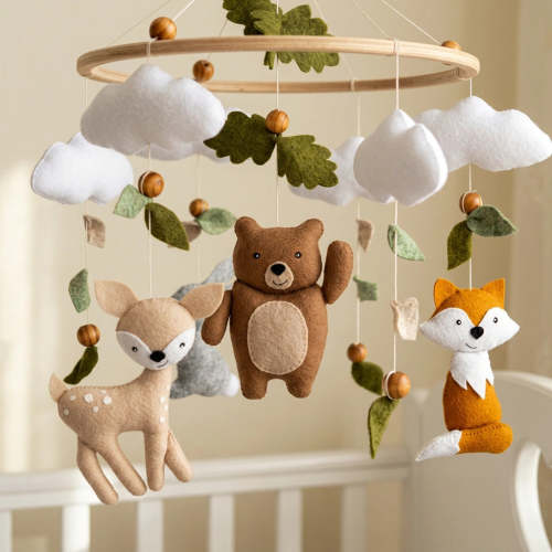 Woodland Baby Mobile Neutral | Forest Animals Baby Mobile with Bear, Deer, Fox & Bunny - Cozybabywear