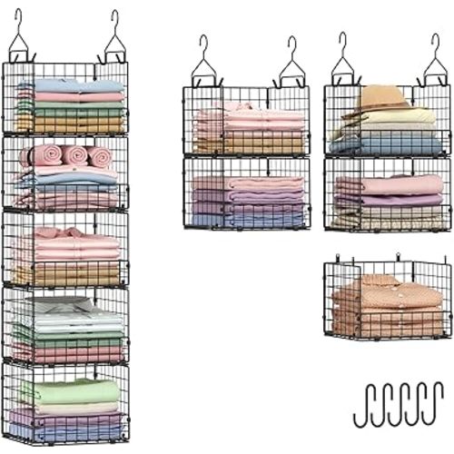 Sonyabecca 5-Tier Hanging Closet Organizer – Black Closet Storage Shelves with Wire Baskets for Clothes, Handbags, Sweaters & Accessories, Includes 2 Hanging Hooks & 5 S-Hooks