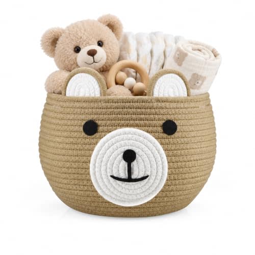 PandaEar Cotton Rope Baby Basket, Baby Gift Basket Nursery Laundry Organizer with Cute Bear Design for Storage Infant Newborn Essentials, Diaper Caddy with Handle (Brown)