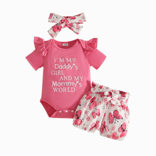 Infant Baby Girl Summer Clothes Set Letter Print Ruffle Romper, Butterfly Print Shorts and Bow Headband 3-Piece Set 6 12 18 24 Months