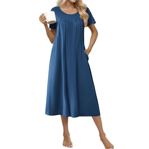 Ekouaer Cotton Nightgowns for Women Long Pleated House Dresses with Pockets | Short Sleeve Night Gowns for Adult Soft Sleep Dress for Sleeping Plus Size Lounge Dress Maxi Pajama Dress
