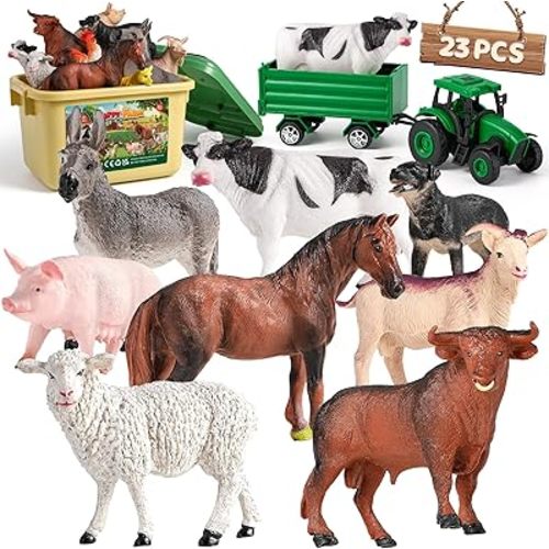 Farm Animal Toys for Toddlers,23 PCS Animal Toys with Realistic Animal Figurines,Tractor Toy and Fence,Farm Playset Educational Learning Toys for Toddlers Kids 3-5