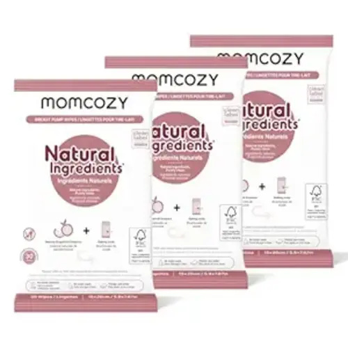 Momcozy Natural Breast Pump Wipes for Pump Parts Cleaning On-the-go, 30 Count (Pack of 3), Flash Clean & Resealable Pump Wipes