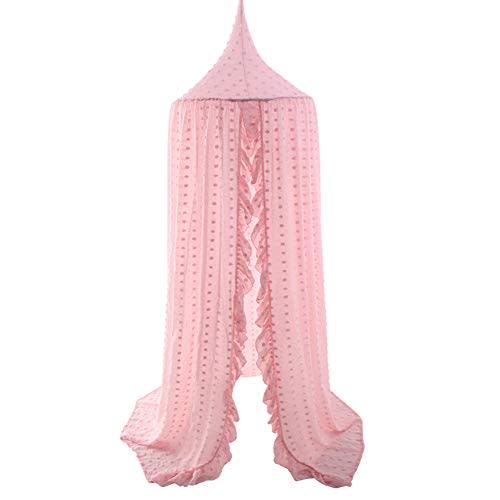 Kids Bed Canopy for Girls, Pink Crib Canopy Princess Hanging Children Canopy Tent, Toddler Girl Canopy Bed Netting for Baby Room Bedroom Reading Nook, Macrame Lace Boho Nursery Canopy with Pom Pom