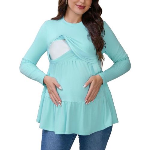 INSPIRE CHIC Womens Nursing Shirts Breastfeeding Tiered Pleated Tunic Long Sleeve Stretchy T-Shirt Postpartum Maternity XX-Large Blue