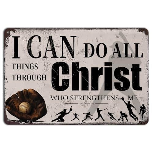 Baseball Room Decor for Boys – “I Can Do All Things Through Christ” Inspirational Tin Sign – Sports Wall Art for Christian Kids Bedroom, 8x12 Inch Vintage Baseball Metal Sign