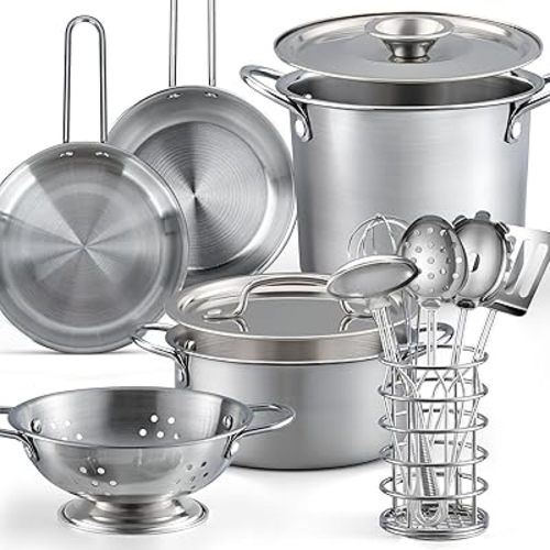 13Pcs Kids Pretend Play Kitchen Accessories Pots and Pans Playset, Stainless Steel Pots and Pans Cooking Utensils in Draining Caddy Kitchen Toy Set Accessories for Kids Toddler Age 3 Years Old