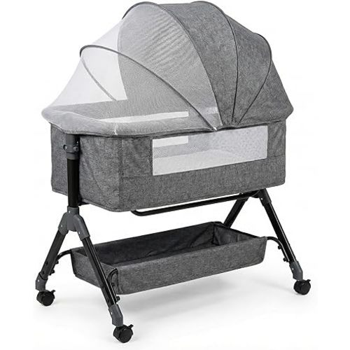 Baby Bassinet with Rocking Function, Breathable Mesh Sides, Portable Bassinet with Wheels & Storage Basket, Newborn Infant Crib (0–24 Months)