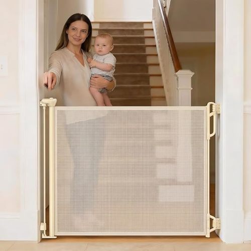 SPACEANY Retractable Safety Baby Gate or Mesh Dog Gate,Durable Portable Mesh Retractable Gate,Easy to Use for Stairs, Doorways, Hallways, Indoor, Outdoor, 33.5" Tall, Up to 55" Wide, Cream