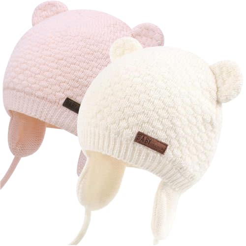 Duoyeree Baby Winter Hat, Bear Knit Earflaps Cotton Lined for Toddler Kids | Windproof bear earflap; double layer cotton lined knit; unisex infant hat, 3 sizes 0-18m for autumn winter daily wear