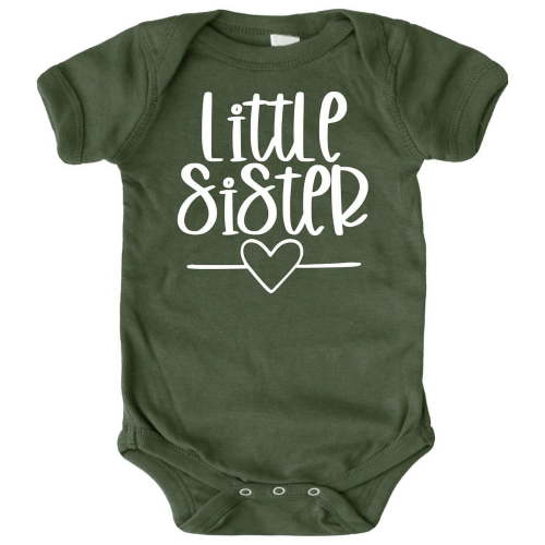 Olive Loves Apple Little Sister Heart Bodysuit for Baby Girls Sister Sibling Outfits White on Military Green Bodysuit 6 Months