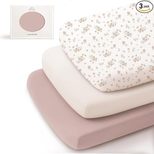Konssy 3 Pack Stretchy Bassinet Sheets for Baby Girls and Boys, 33"x21" | Silky-Soft & Breathable, Bassinet Mattress Sheet, for Baby Delight, Dream on Me, Rectangle Bassinet Sheets (Blossom)