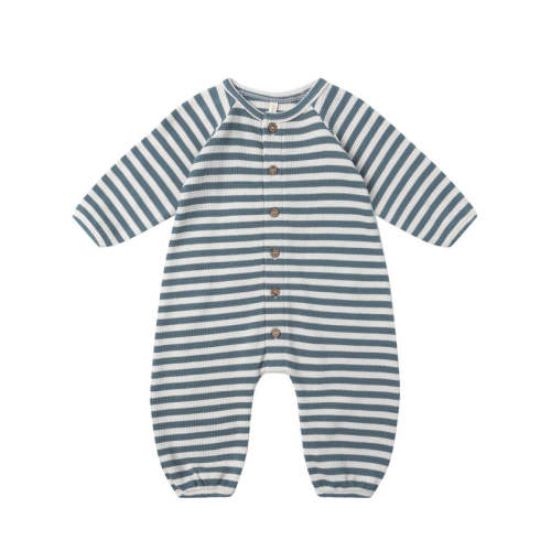 Quincy Mae Waffle Long Sleeve Jumpsuit - Ocean Stripe | The Baby Cubby