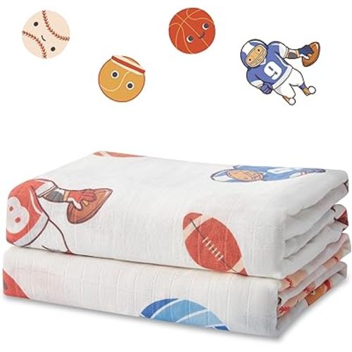 Muslin Swaddle Blankets for Baby Boys and Girls, 2-Pack Large 47 x 47 Inches, Breathable Receiving Blanket, Unisex Newborn Essentials, and Registry Must-Have (Ball Games)