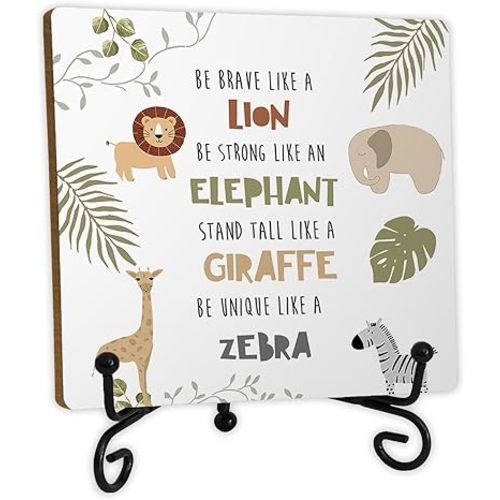 Animal Nursery Wooden Desk Sign, Inspirational Forest Animal Lion Elephant Giraffe Zebra Wood Plaque With Stand for Kids Room Dorm Nursery Bedroom Home Desk Tabletop Shelf Decor
