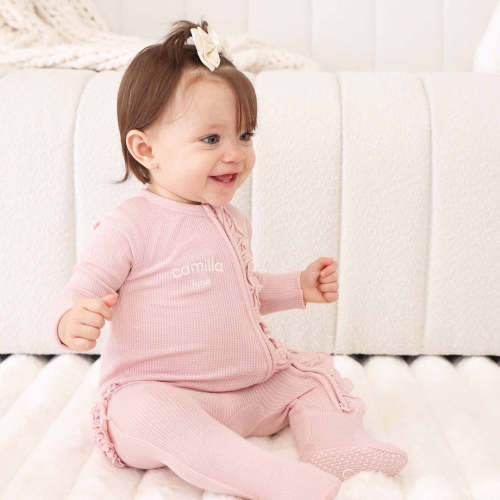 Embroidered Bamboo Waffle Zipper Ruffle Footies | In Bloom