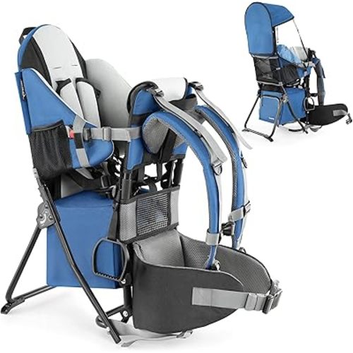 besrey Baby Backpack Carrier, Toddler Hiking Backpack with Safety 3-Height Seat, Adjustable Straps&Waist Belt, Foldable Frame Lightweight Large Capacity Child Carrier for Hiking (Klevin Blue)