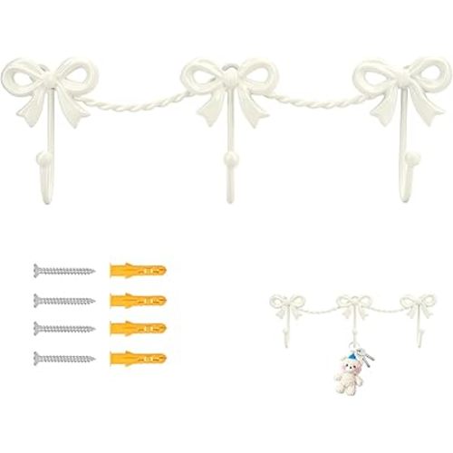 White Bow Hooks Bow Wall Hook, 3 Bow Knot Coat Hooks Metal Bowknot Towel Hooks Door Hanger Holder for Wedding Bathroom Bags Coats Hats Coffee Mugs Room Kitchen Decorations (White-A)