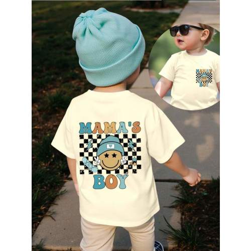 SHEIN Playful Pals Baby Boy Casual Cute Checkered Face "MAMA'S BOY" Letter Print Short Sleeve Round Neck T-Shirt, Summer | SHEIN USA
