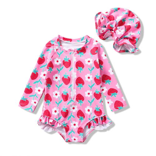 Happy Town Toddler Baby Girls Clothes 0-24M Summer Long Sleeve Zipper One-Piece Swimsuit + Hat Bathing Suit