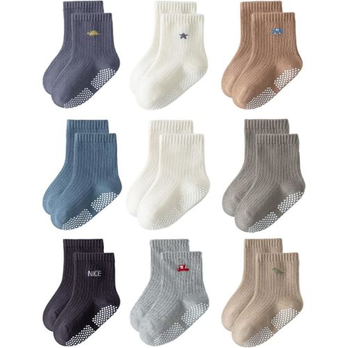 Toddler Grip Socks Non Slip Crew Socks Cute Seamless Cotton Socks for Baby Boys Girls Infants Kids 9 Pairs