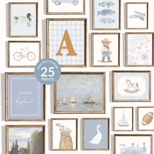 Blue Nursery Prints Set: Vintage Boy Room Gallery Wall (Digital Download)