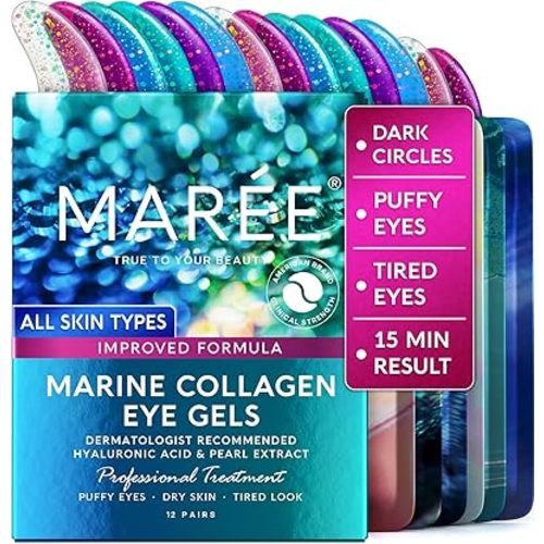 MAREE Under Eye Patches for Puffy Eyes and Dark Circles – Under Eye Mask with Collagen & Hyaluronic Acid – Undereye Mask Patches for Women – Parches para Ojeras Puffiness & Under Eye Bags | 12 Pair