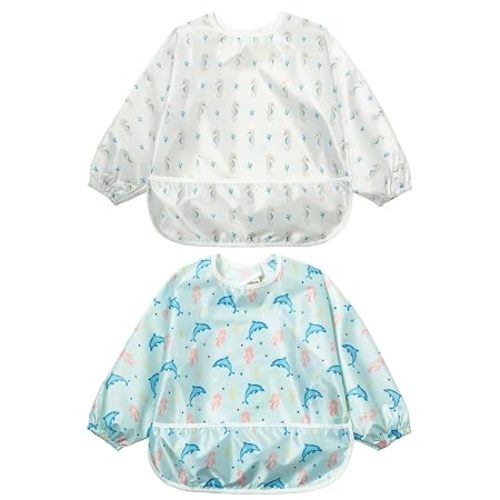 Little Dimsum Long Sleeve Bib for Baby Infant Toddler 6-36 Months | Waterproof Smock Bib for Eating,Mess-Proof Feeding Bibs,Catching Food & Wipe Clean| Pack of 2 Colors