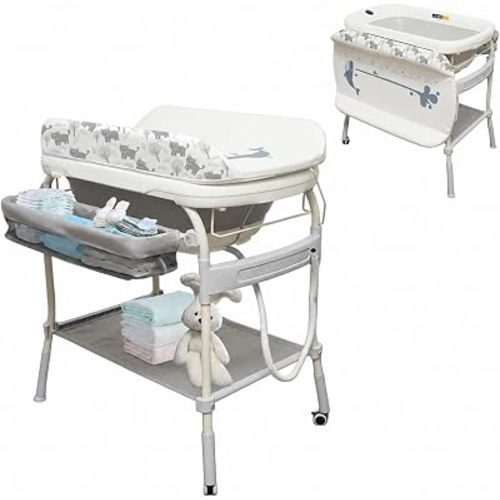 2 in 1 Baby Bathtub with Changing Table, DEYGIA Waterproof Diaper Changing Station Portable Changing Table Adjustable Height Nursery Organizer with Storage Rack for Newborn Infant Toddler, Cat Pattern