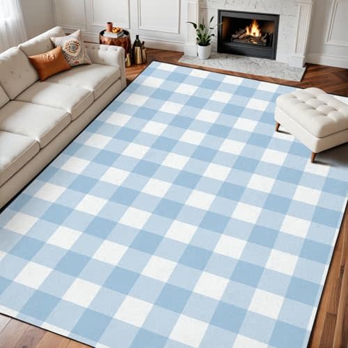8x10 Area Rugs for Bedroom Boho Washable Rug for Living Room Baby Blue Gingham Plaid Seamless Buffalo Check Surface Carpet for Dining Room Soft Rubber Backed Non-Slip Carpets for Bedroom Office