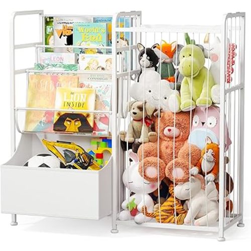 BBLIKE Kids Bookshelf and Stuffed Animal Storage - Multi-Function Nursery Book Shelves with Leather Toy Box and PVC Book Display, Toy Organizer for Playroom, Bedroom, Nursery, White