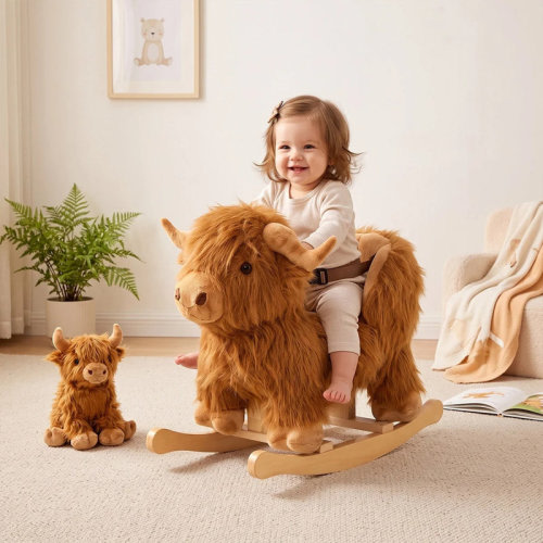 Ligu Highland Cow Plush Rocking Horse with Safety Belt & Plush Companion Set, Wooden Ride On Toy for Toddler Nursery and Playroom | Wayfair