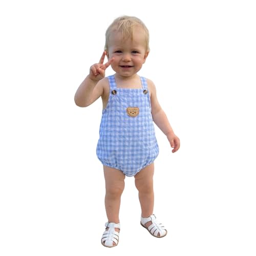 Newborn Baby Boy Girl Summer Clothes Bear Embroidery Plaid Sleeveless Bubble Romper Bodysuit Overall Shorts Outfit