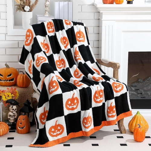 Bu-ry--eah Halloween Ghost Knit Throw Blanket, 50 x 60 Inch Spooky Ghost Reversible Knitted Throw Blanket, Cozy Lightweight Soft Gift for Couch Sofa Bed