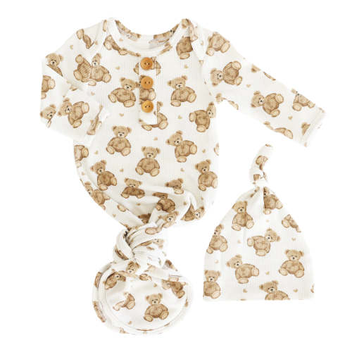 Beary Sweet Bamboo Waffle Newborn Baby Knot Gown & Hat Set