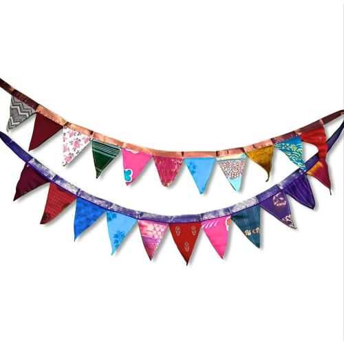 Upcycled Sari Flag Garland: Colourful Fair Trade Bunting, Handmade Indian Decor (6 ft.)