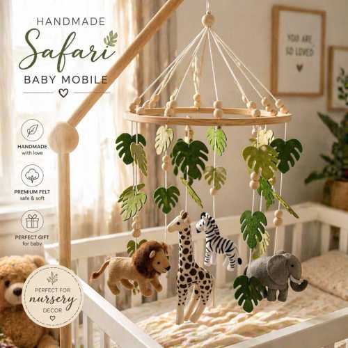 Handmade Felt Safari Baby Mobile, Jungle Animals Nursery Decor